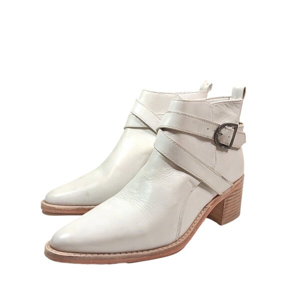 Free People Back Loop Boots Womens 5.5 Ecru Leather Western Buckle Ankle Bootie